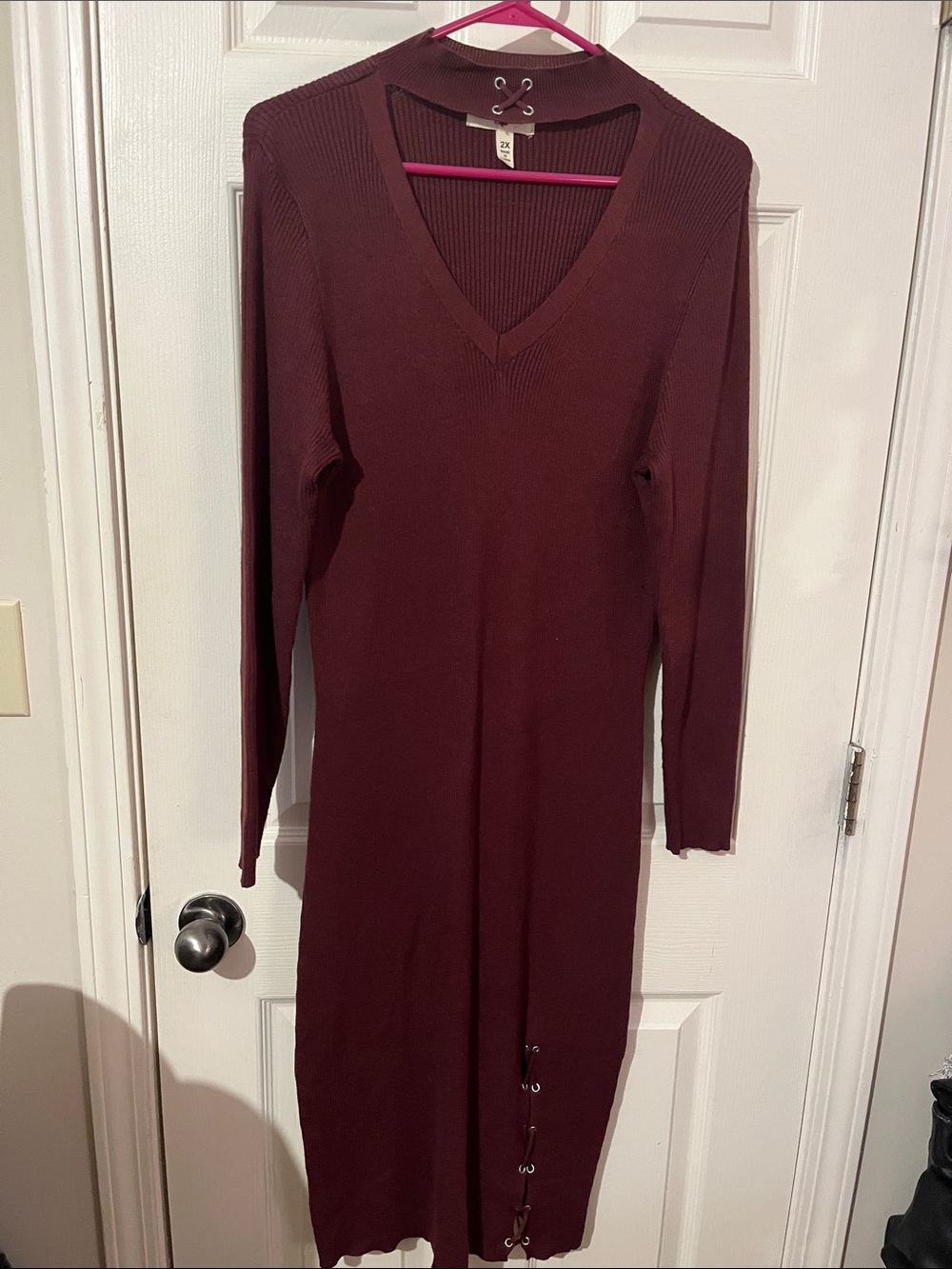 Derek Heart Long Sleeve V-Neck Knit Dress - Burgundy